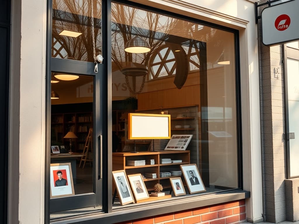 Small-business storefront window display under warm natural light.