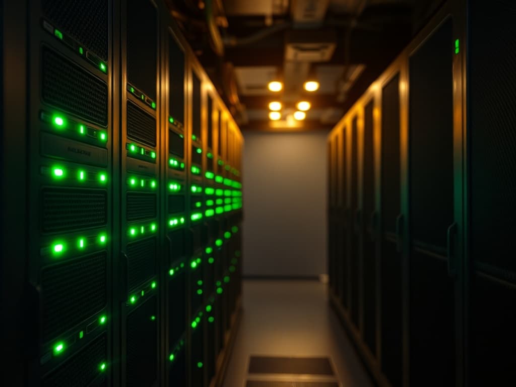 Server racks with green status lights in a dark data center.