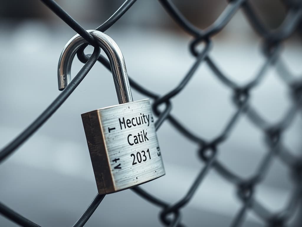Chain-link fence with a single padlock, photographed with a shallow depth of field.